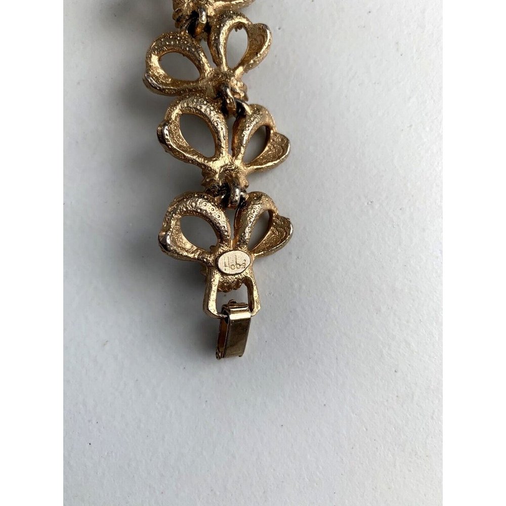 Vintage Hobe Gold Tone Faux Pearl Rhinestone Bows  7" Bracelet Clip Earring Set - Picture 9 of 12